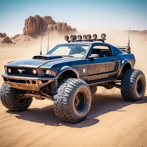 Prompt: 4x4 buggy big wheels Ford Mustang Guns Land in the desert Mad MAx movie style, realistic details 8k perspective 8k volumetric, a vibrant and colorful high quality realistic details in HDR