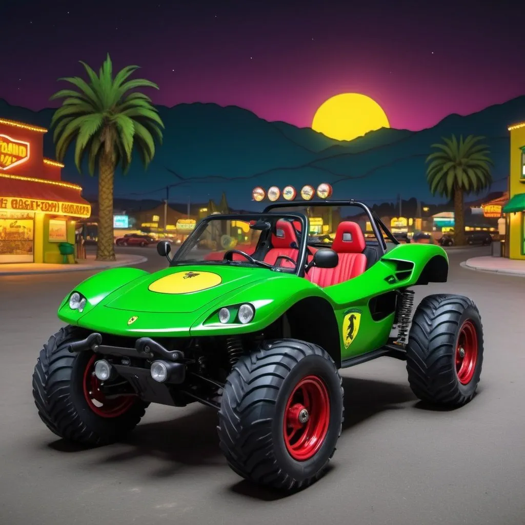 Prompt: 4x4 buggy big wheels green Ferrari Land in the night of a Color The Simpsons comic City, realistic details 8k 
