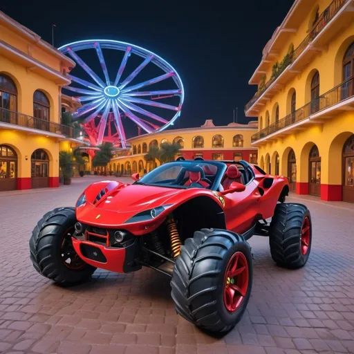 Prompt: 4x4 buggy big wheels Ferrari Land in the night of a Color futuristic city, realistic details 8k perspective 8k volumetric, a vibrant and colorful high quality realistic details in HDR