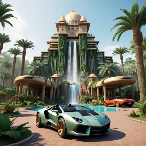 Prompt: very realistic hotel picture with a big garden and pool inspired in the rainforest with waterfalls and Egypt palace towers designed with  Dino Park in the area, real details 8k, in the parking there is a Buggy 4x4 Lamborgini big wheels 