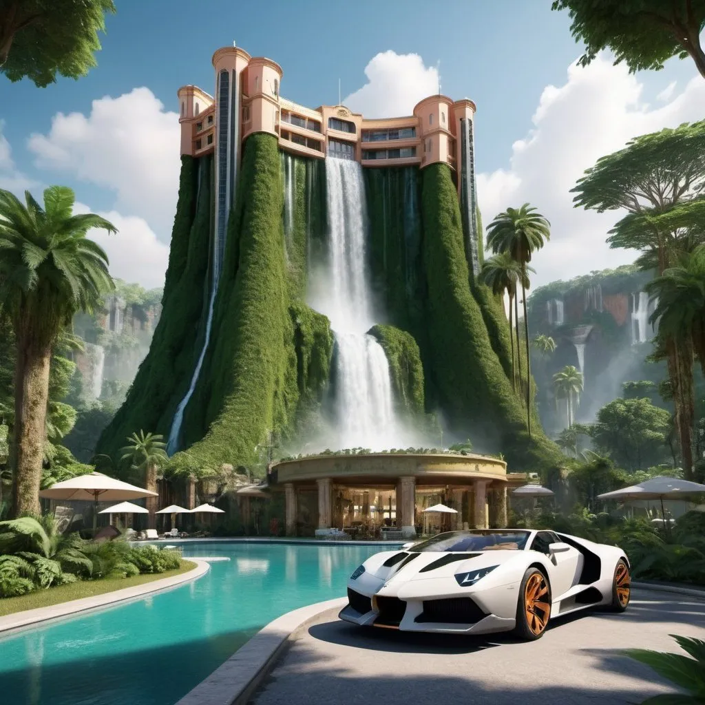 Prompt: very realistic hotel picture with a big garden and pool inspired in the rainforest with waterfalls and Roma palace towers designed with  Dino Park in the area, real details 8k, in the parking there is a Buggy 4x4 big wheels Lamborgini military stile luxury car