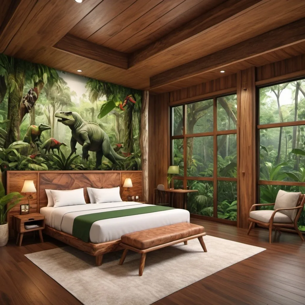 Prompt: a very realistic hotel room with a king double Queen side cotton bed inspired in the rainforest, Costa Rica Design and wood design with pictures from Dino Park, real details 8k