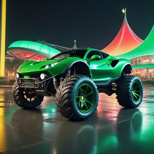 Prompt: 4x4 buggy big wheels green Ferrari Land in the night of a Color futuristic city, realistic details 8k perspective and 8k volumetric, a vibrant and colorful high quality realistic details in HDR