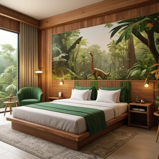 Prompt: very realistic hotel room with a king double side cotton bed  inspired in  rainforest, Egypt and wood design with pictures from Dino Park, real details 8k