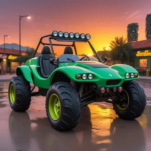 Prompt: 4x4 buggy big wheels green Ferrari Land in the night of a Color The Simpsons comic City, realistic details 8k, sunset time