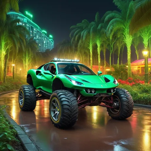 Prompt: 4x4 buggy big wheels green Ferrari Land in the night of a Color Rainforest City, realistic details 8k perspective and 8k volumetric drawing , a vibrant and colorful high quality digital painting in HDR