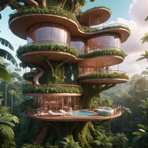 Prompt: very realistic luxury hotel cloud and big inspired in the rainforest and Barbie movie palace and wood design with pictures from model girls and sloths in the tree, 
real details 8k 