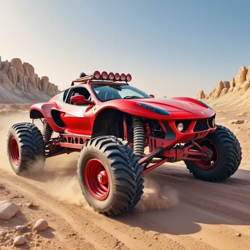 Prompt: 4x4 buggy big wheels Ferrari Land in the desert Mad MAx movie style, realistic details 8k perspective 8k volumetric, a vibrant and colorful high quality realistic details in HDR