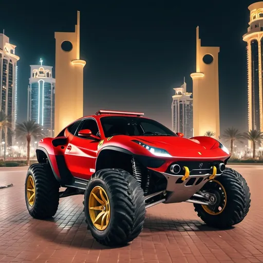 Prompt: 4x4 buggy big wheels Ferrari Land in the night of a Color Futuristic dubai City, realistic details 8k 
