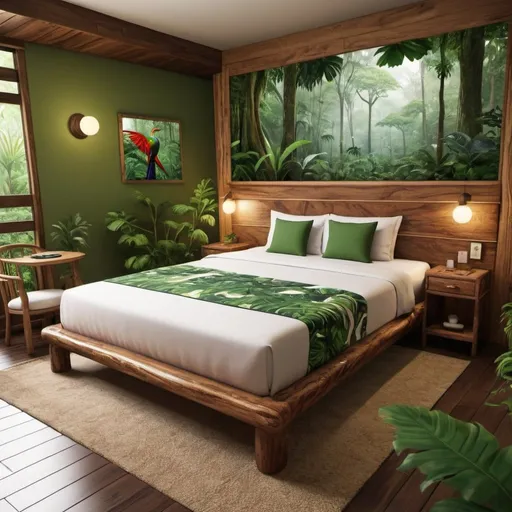 Prompt: a very realistic hotel room with a king double side cotton bed  inspired in the rainforest, Costa Rica Design and wood design with pictures from Dino Park, real details 8k