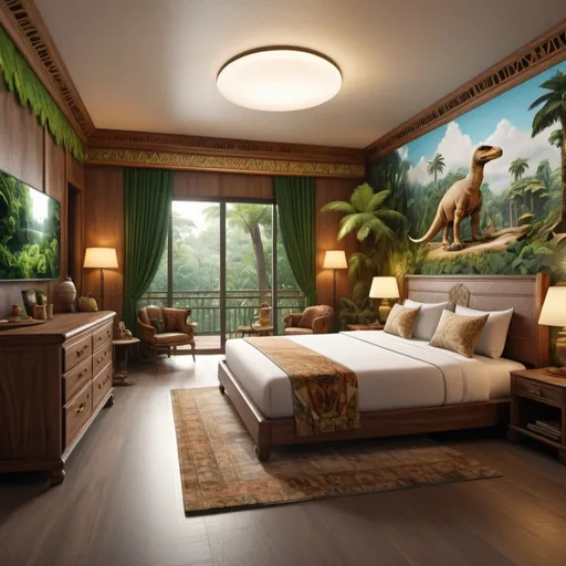 Prompt: very realistic hotel room with a king double side bed cloud and big inspired in rainforest and Egypt palace and wood design with pictures from Dino Park, 
real details 8k 