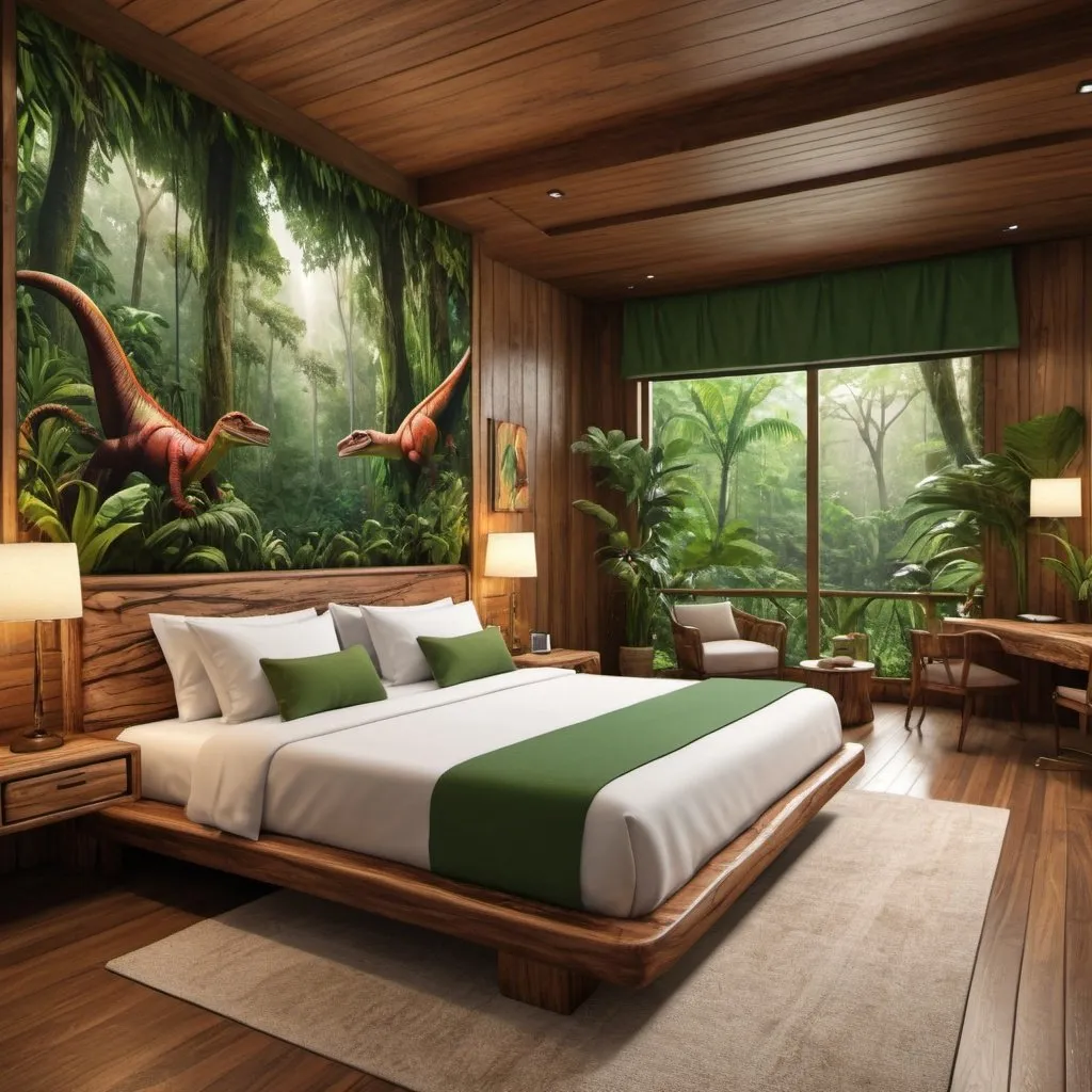 Prompt: a very realistic hotel room with a king double two Queen side cotton bed inspired in the rainforest, Costa Rica Design and wood design with pictures from Dino Park, real details 8k