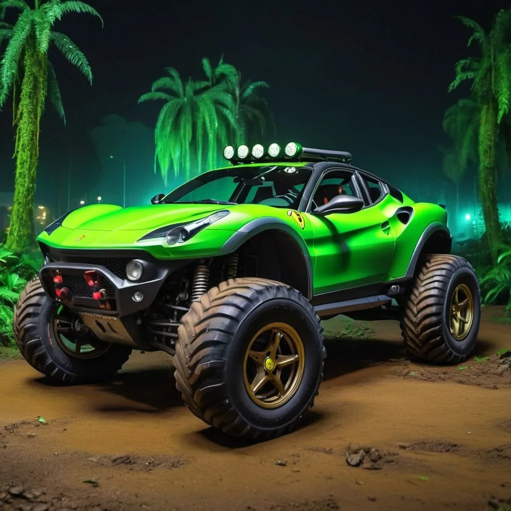 Prompt: 4x4 buggy big wheels green Ferrari Land in the night of a Color Rainforest City, realistic details 8k 
