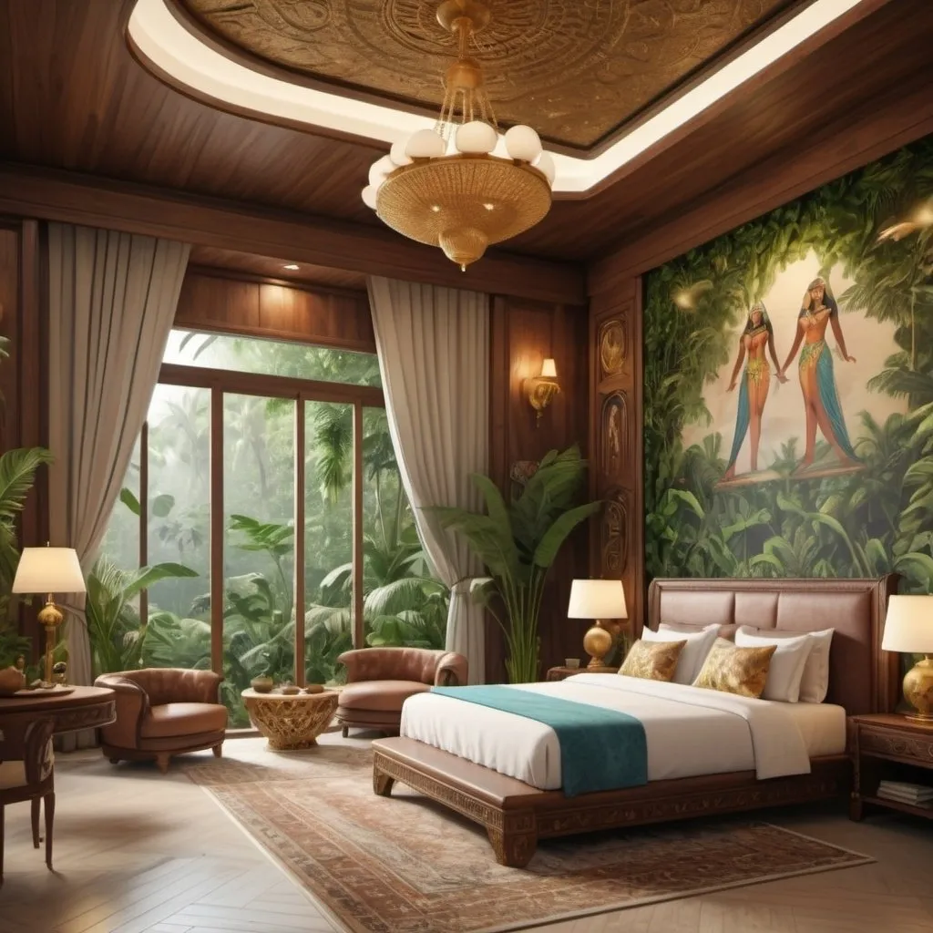 Prompt: very realistic luxury hotel with a king double side bed cloud and big inspired in the rainforest and Egypt palace and wood design with pictures from model girls, 
real details 8k 