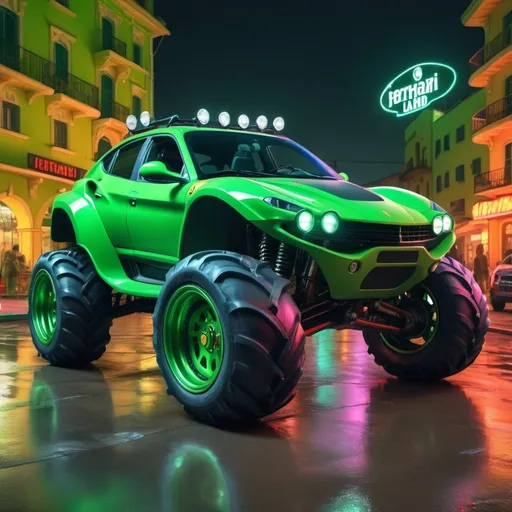 Prompt: 4x4 buggy big wheels green Ferrari Land in the night of a Colorfuturistic city, realistic details 8k perspective and 8k volumetric drawing, a vibrant and colorful high quality digital painting in HDR