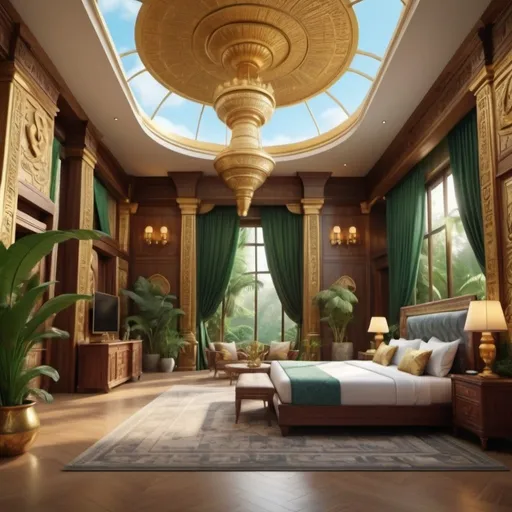 Prompt: very realistic luxury hotel with a king double side bed cloud and big inspired in the rainforest and Egypt palace and wood design with pictures from gold monuments, 
real details 8k 