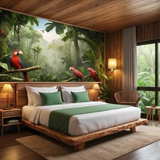 Prompt: a very realistic hotel room with a king double side cotton bed  inspired in the rainforest, Costa Rica Design and wood design with pictures from Dino Park, real details 8k
