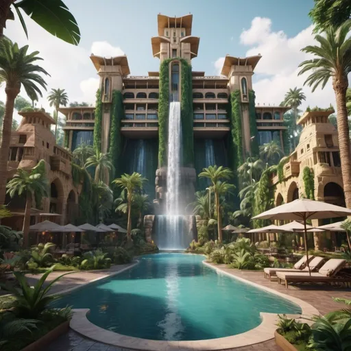 Prompt: very realistic hotel picture with a big garden and pool inspired in rainforest with waterfalls and Egypt palace towers designed with  Dino Park in the area, real details 8k 