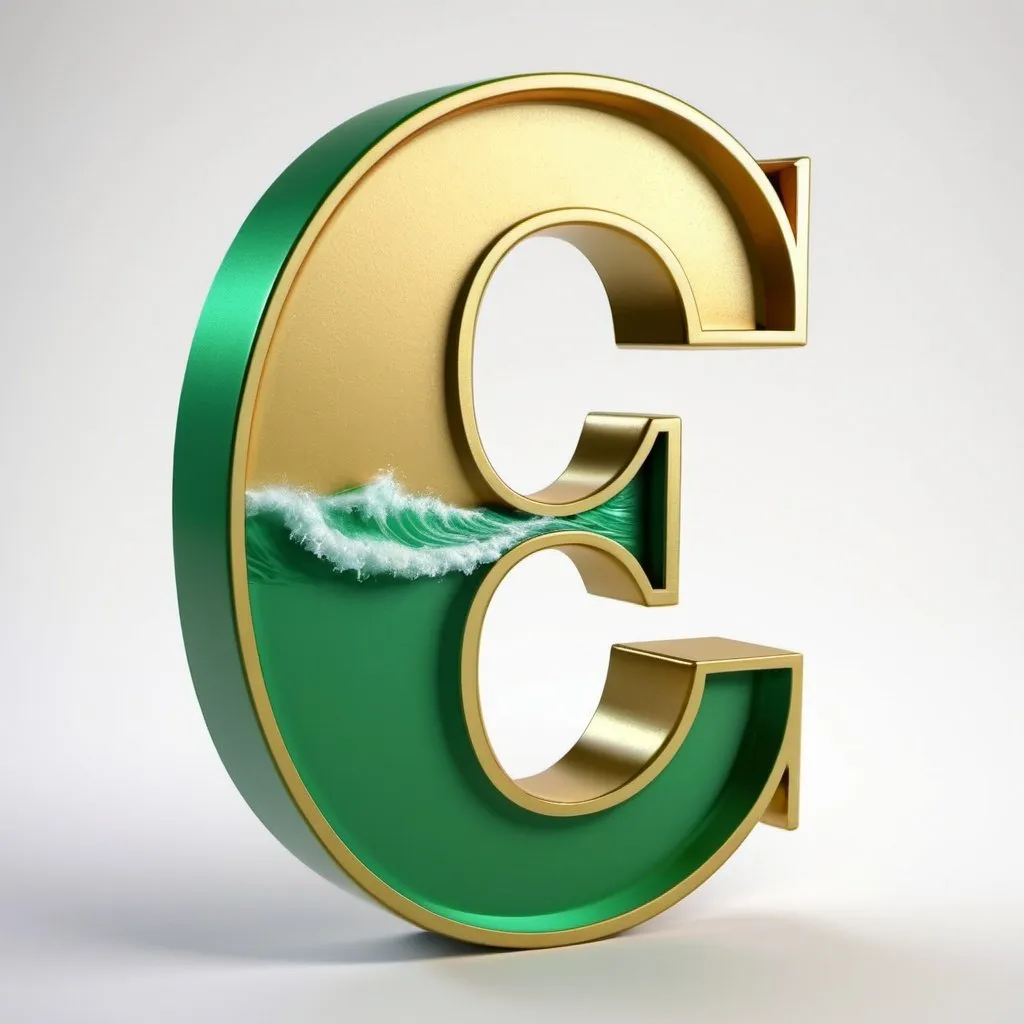 Prompt: Letter G on 3d gold and green. printed in a the Surf Board 