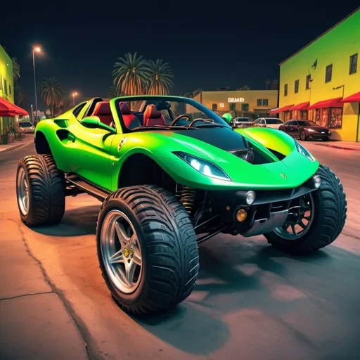 Prompt: 4x4 buggy big wheels green Ferrari Land in the night of a Color los angeles City, realistic details 8k perspective and 8k volumetric drawing , a vibrant and colorful high quality digital painting in HDR