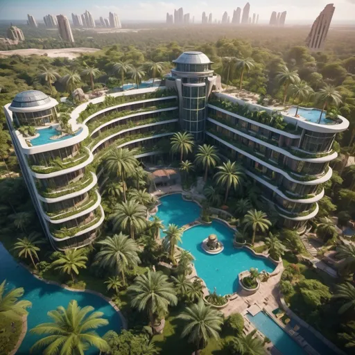 Prompt: very realistic hotel drone picture with a big garden and pool inspired in rainforest and Egypt palace towers design with  Dino Park in the area, real details 8k 