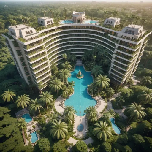 Prompt: very realistic hotel drone picture with a big garden and pool inspired in rainforest and Egypt palace towers design with pictures from Dino Park, 
real details 8k 