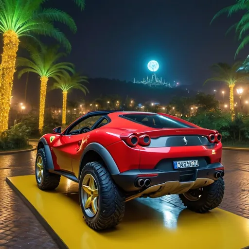 Prompt: 4x4 buggy big wheels Ferrari Land in the night of a Color Rainforest City, realistic details 8k 
