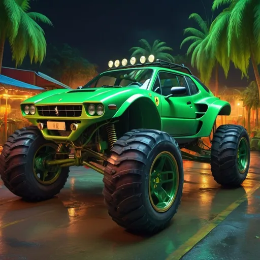 Prompt: 4x4 buggy big wheels green Ferrari Land in the night of a Color Rainforest City, realistic details 8k perspective and 8k volumetric drawing , a vibrant and colorful high quality digital painting in HDR