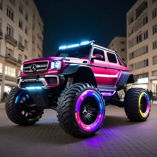 Prompt: gigant 4x4 buggy big wheels Mercedes Bends Land in the night of a Color Futuristic City
