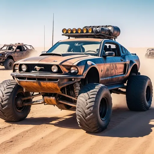 Prompt: 4x4 buggy big wheels Ford Mustang Guns Land in the desert Mad MAx movie city style, realistic details 8k perspective 8k volumetric, a vibrant and colorful high quality realistic details in HDR