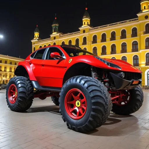 Prompt: 4x4 buggy big wheels Ferrari Land in the night of a Color Moscu City, realistic details 8k 
