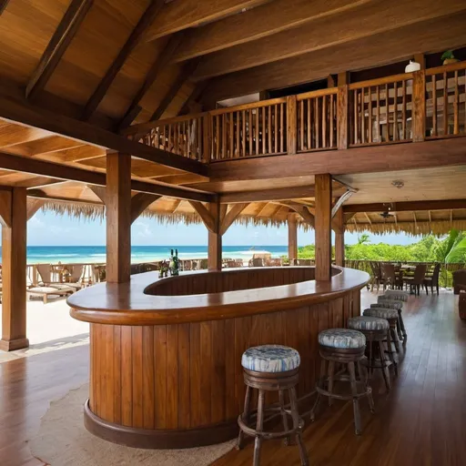 Prompt: beach house jamaica style wood with a big bar in the living room
