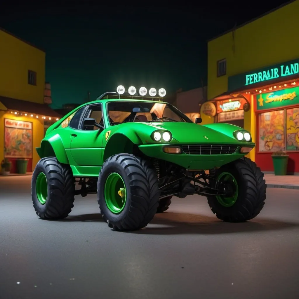 Prompt: 4x4 buggy big wheels green Ferrari Land in the night of a Color The Simpsons comic City, realistic details 8k 
