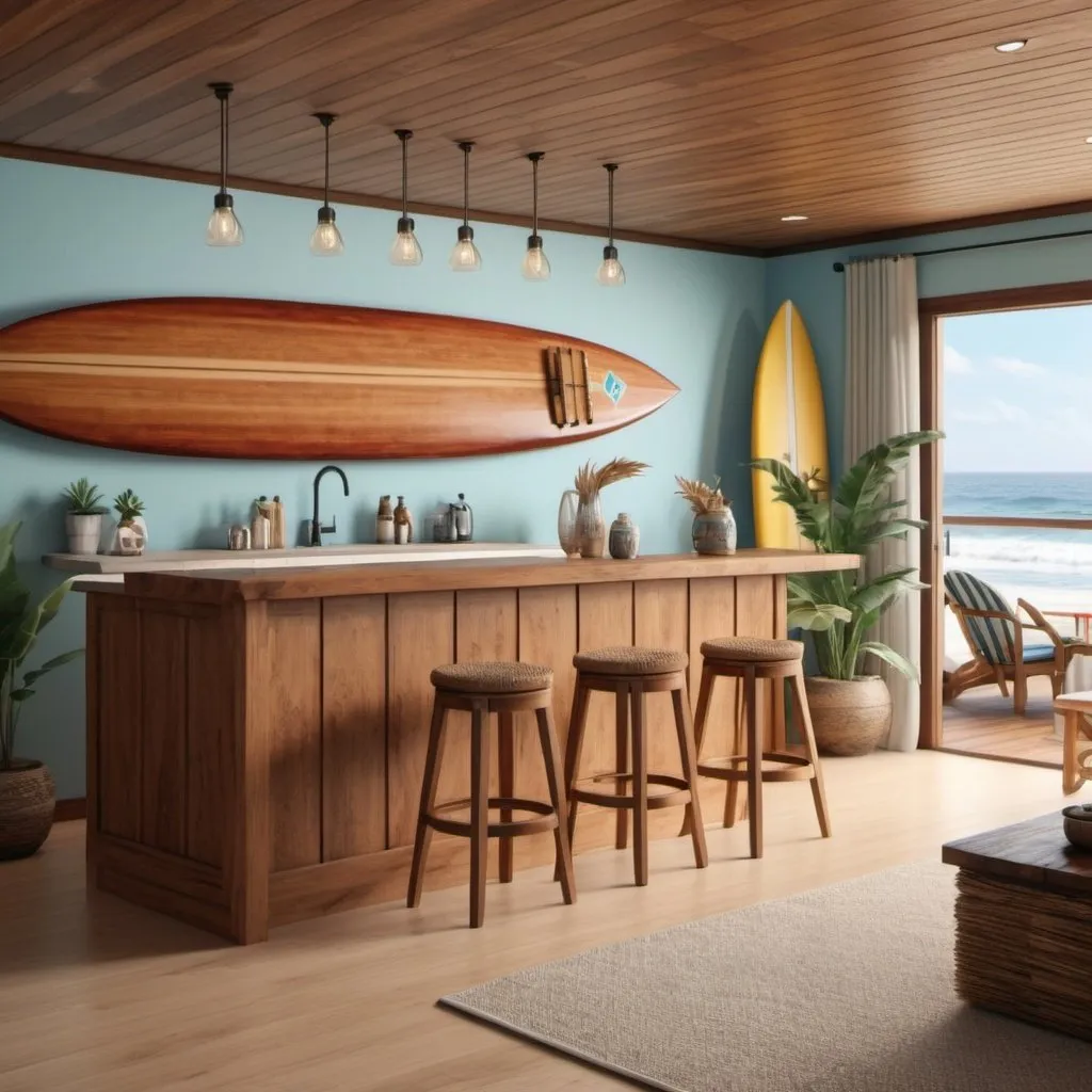 Prompt: beach house Pacific style wood with a big bar in the living room with the Costa Rica Flat on the wall and surfboard decoration, very realistic 8k extream details
