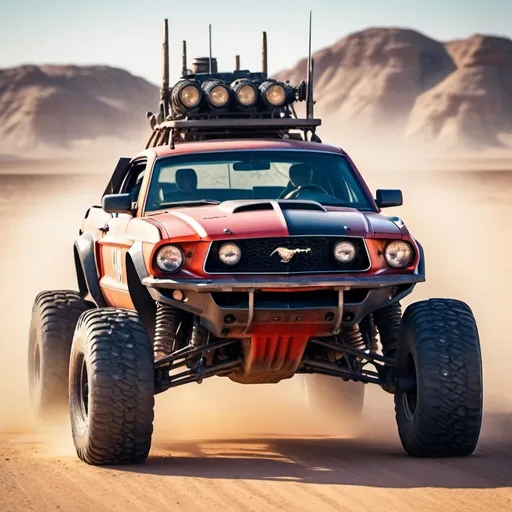 Prompt: 4x4 buggy big wheels Ford Mustang Guns Land in the desert Mad MAx movie style, realistic details 8k perspective 8k volumetric, a vibrant and colorful high quality realistic details in HDR