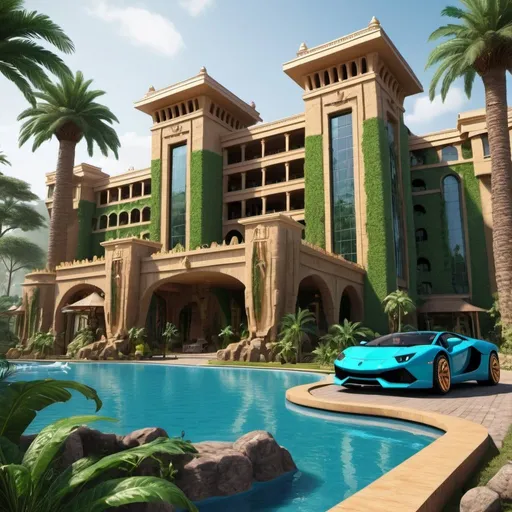 Prompt: very realistic hotel picture with a big garden and pool inspired in the rainforest with waterfalls and Egypt palace towers designed with  Dino Park in the area, real details 8k, in the parking there is a Buggy 4x4 big wheels Lamborgini military stile luxury car