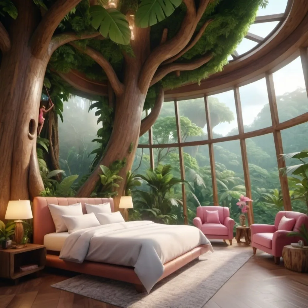 Prompt: very realistic luxury hotel room cloud and big inspired in the rainforest and Barbie movie palace and wood design with pictures from model girls and sloths in the tree, 
real details 8k 