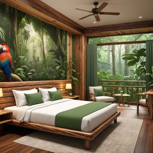 Prompt: a very realistic hotel room with a king double two Queen side cotton bed inspired in the rainforest, Costa Rica Design and wood design with pictures from Dino Park, real details 8k