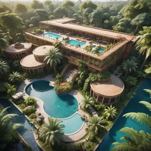 Prompt: very realistic hotel drone picture with a big garden and pool inspired in rainforest and Egypt palace and wood design with pictures from Dino Park, 
real details 8k 