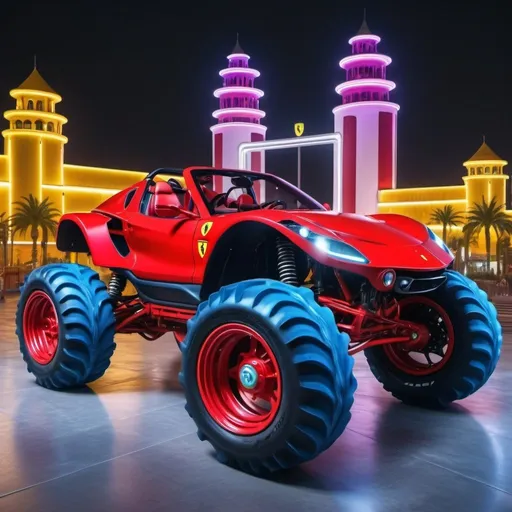 Prompt: 4x4 buggy big wheels Ferrari Land in the night of a Color futuristic city, realistic details 8k perspective 8k volumetric, a vibrant and colorful high quality realistic details in HDR