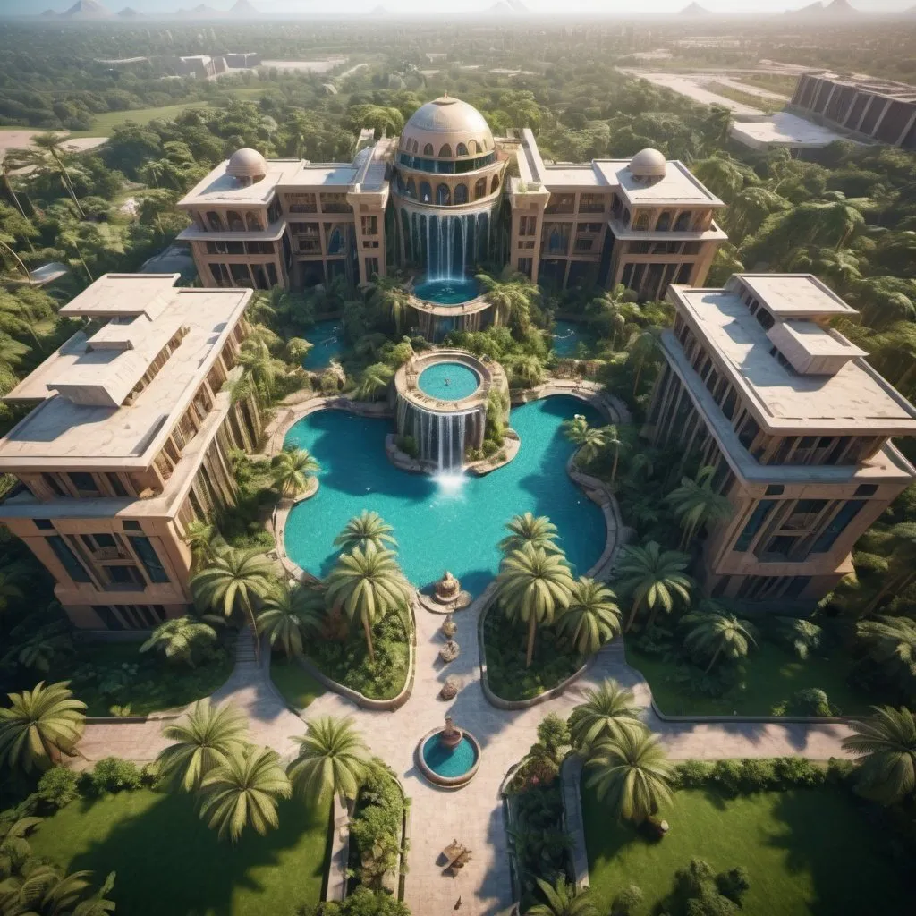 Prompt: very realistic hotel drone picture with a big garden and pool inspired in rainforest with waterfalls and Egypt palace towers designed with  Dino Park in the area, real details 8k 