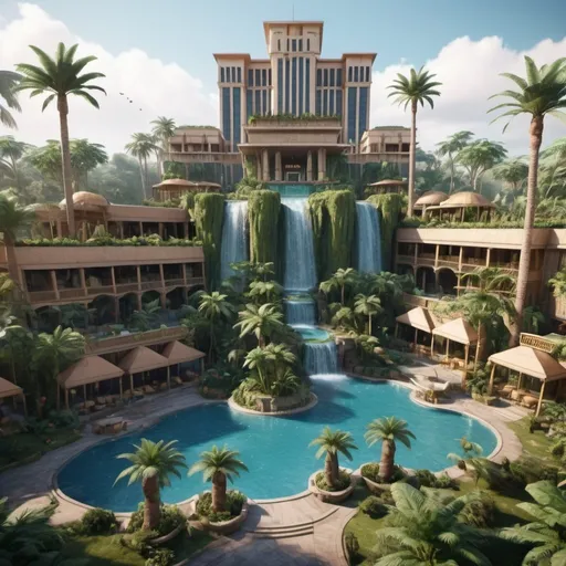 Prompt: very realistic hotel picture with a big garden and pool inspired in rainforest with waterfalls and Egypt palace towers designed with  Dino Park in the area, real details 8k 