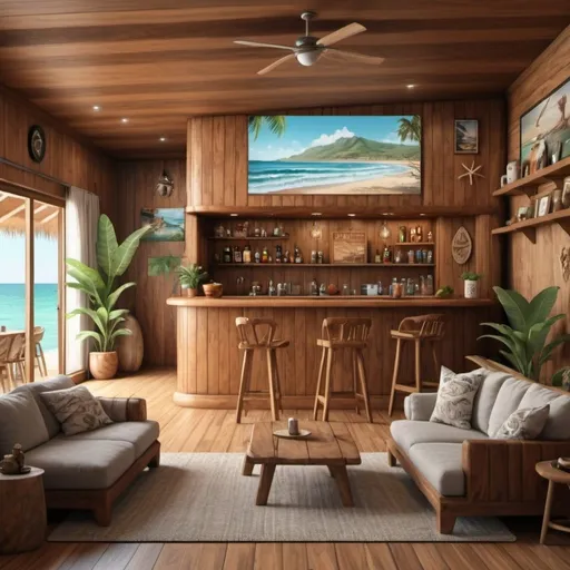 Prompt: beach house jamaica style wood with a big bar in the living room with the Costa Rica Flat on the wall and surfboard decoration, very realistic 8k extream details
