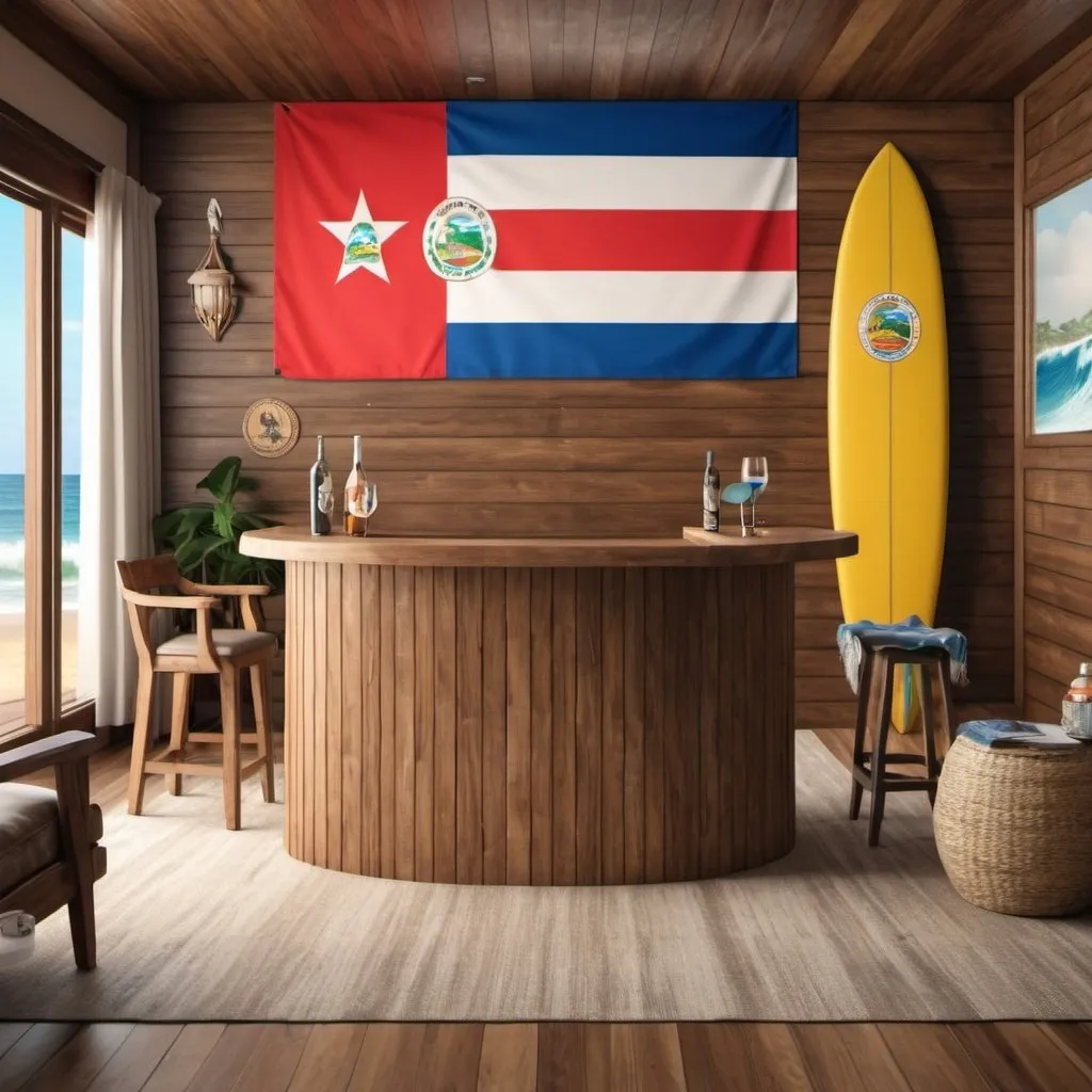 Prompt: beach house Pacific style wood with a big bar in the living room with Costa Rica Flag on the wall and surfboard decoration, very realistic 8k extreme details
