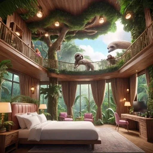 Prompt: very realistic luxury hotel room cloud and big inspired in the rainforest and Barbie movie palace and wood design with pictures from model girls and sloths in the tree, 
real details 8k 