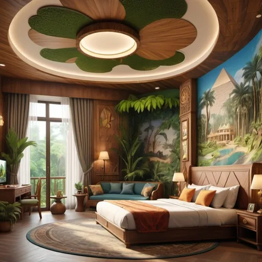 Prompt: very realistic hotel room big family with a king double side bed cloud and big inspired in rainforest and Egypt palace and wood design with pictures from Dino Park, 
real details 8k 