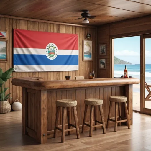 Prompt: beach house Pacific style wood with a big bar in the living room with the Costa Rica Flag on the wall and surfboard decoration, very realistic 8k extream details
