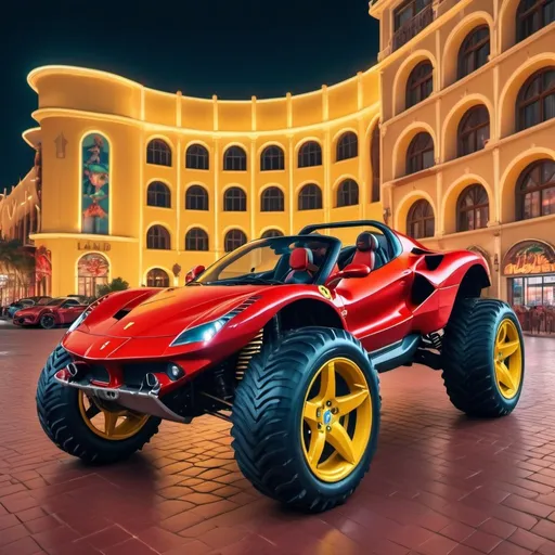 Prompt: 4x4 buggy big wheels Ferrari Land in the night of a Color futuristic city, realistic details 8k perspective 8k volumetric, a vibrant and colorful high quality realistic details in HDR