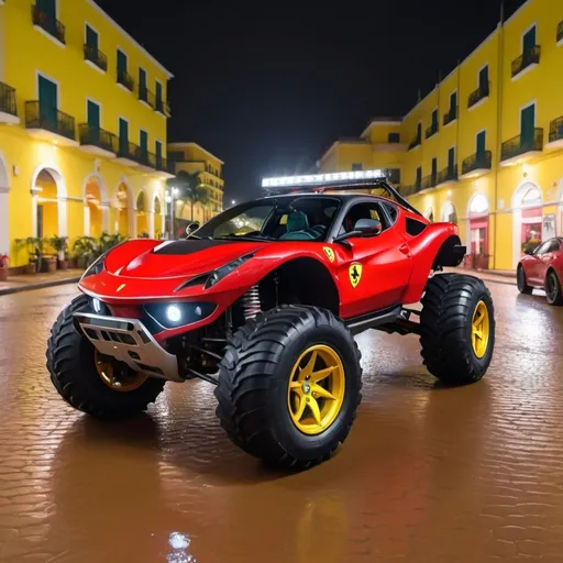 Prompt: 4x4 buggy big wheels Ferrari Land in the night of a Color brazil City, realistic details 8k 
