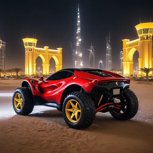 Prompt: 4x4 buggy big wheels ferrari Land in the night of a Color Futuristic dubai City, realistic details 8k 
